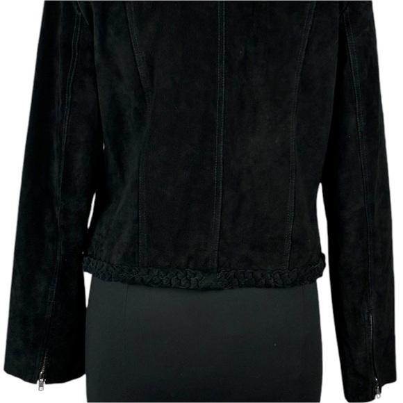 METRO STYLE Y2K SUEDE BLACK LEATHER BRAIDED COLLARLESS MOTO BIKER JACKET - Picture 11 of 15